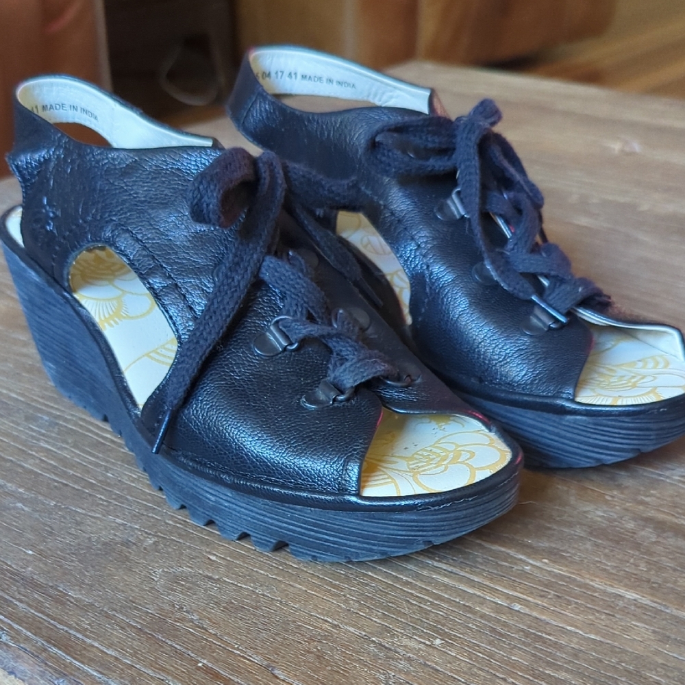 Fly London Black Leather Wedges